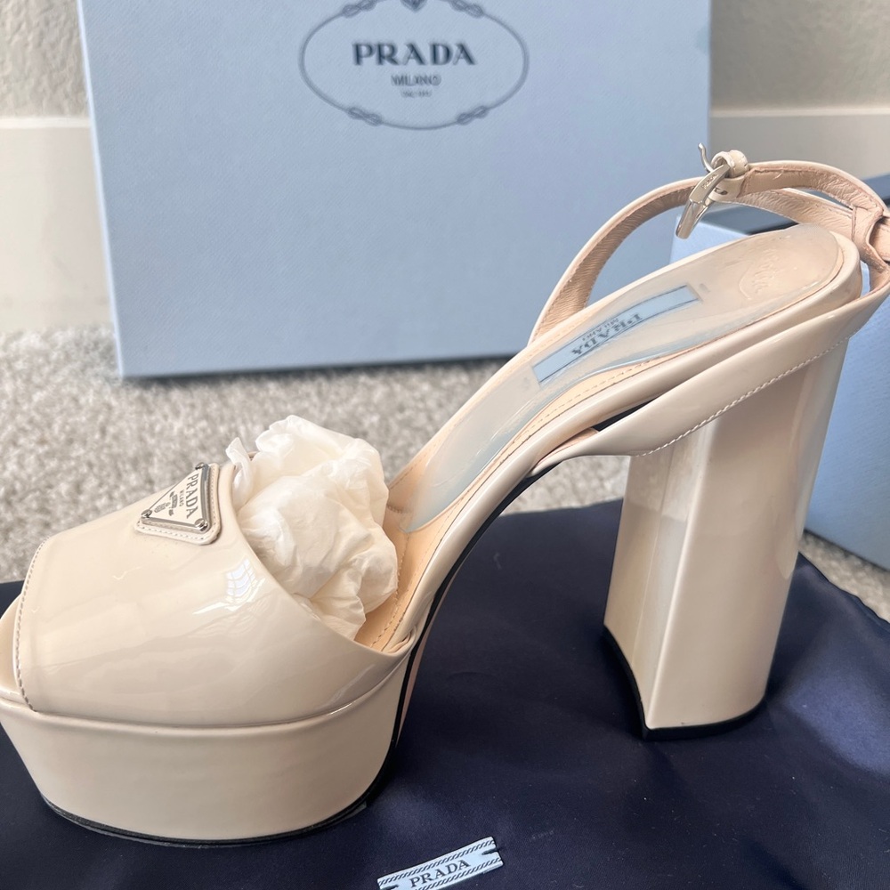 Prada Beige Women's Block Heel Sandals